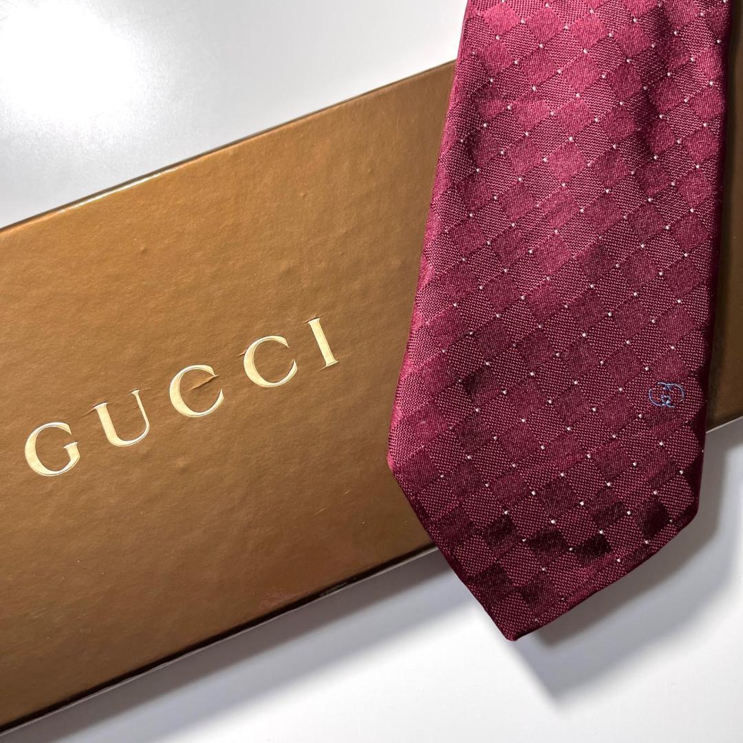 GUCCI ネクタイ シルク 100% バーガンディー GG柄 総柄 ダブルG