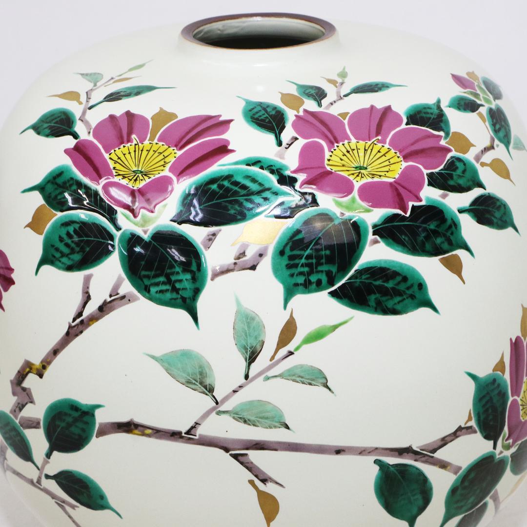 九谷焼 武腰敏昭 花入 山茶花の図 花器 共箱 共布