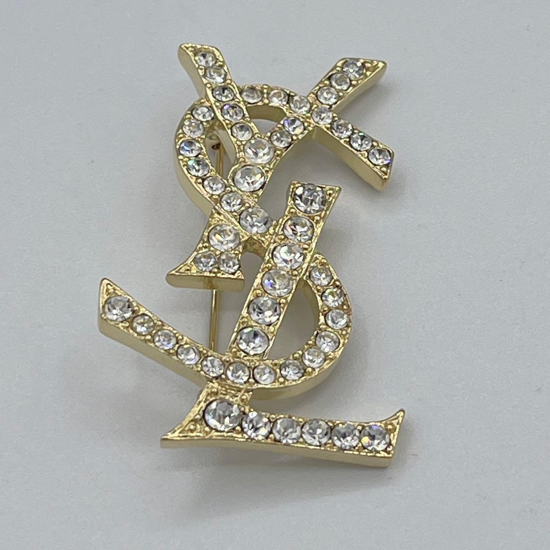 極美品✨イヴサンローラン ブローチ YSL ラインストーン ゴールド金具