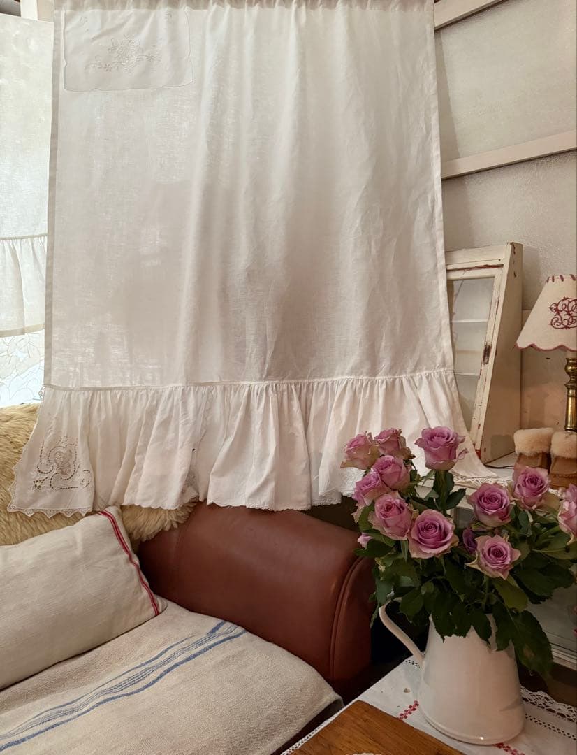 アンティーク刺繍レースのふりふりカーテンஐ⋆*ナチュラルリネン