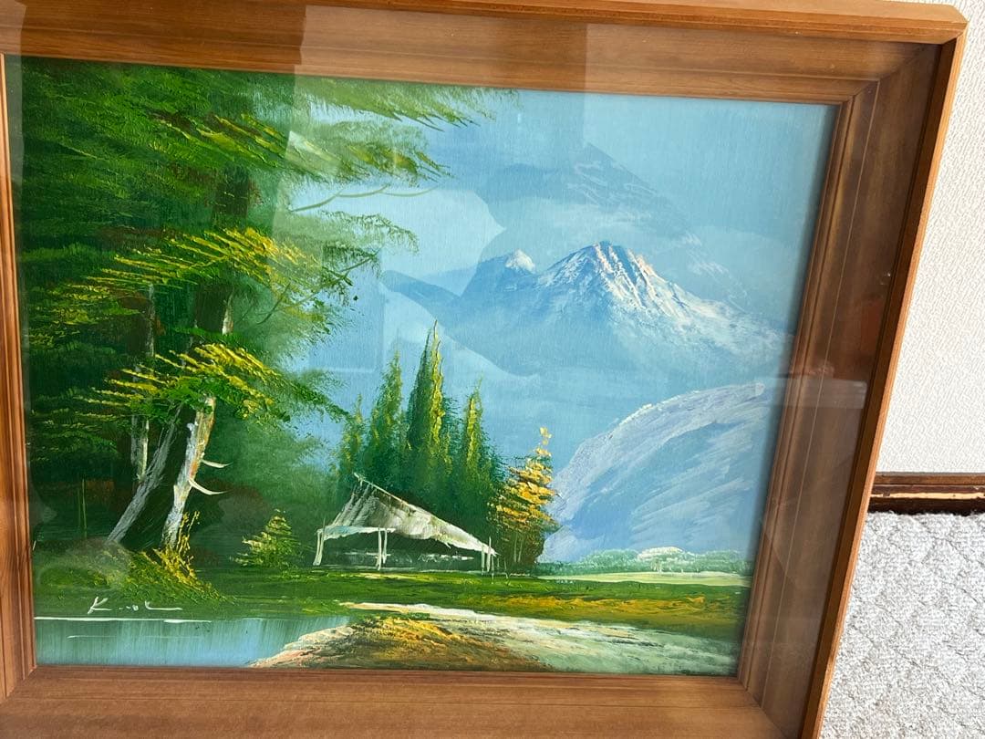 油彩画 自然風景 木製フレーム付き 約60x65cm