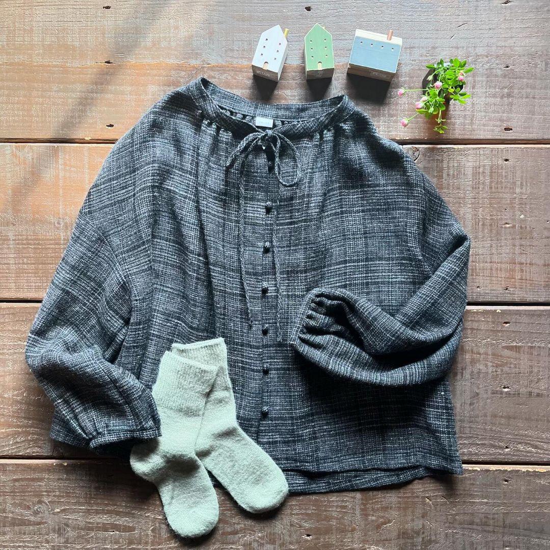 2024年　entwaボートネックギャザーブラウス　ウールリネンチェック