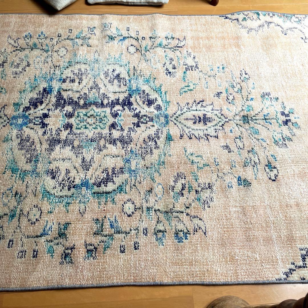 99×222 ペールベージュ×ブルー　メダリオン　擦れトルコヴィンテージラグ
