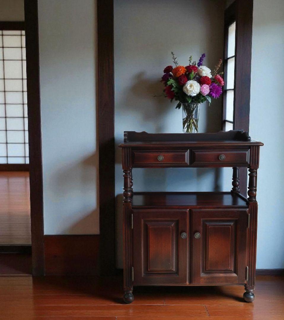 【カリモク】ダークブラウン　木製キャビネット オールドカリモク　電話台