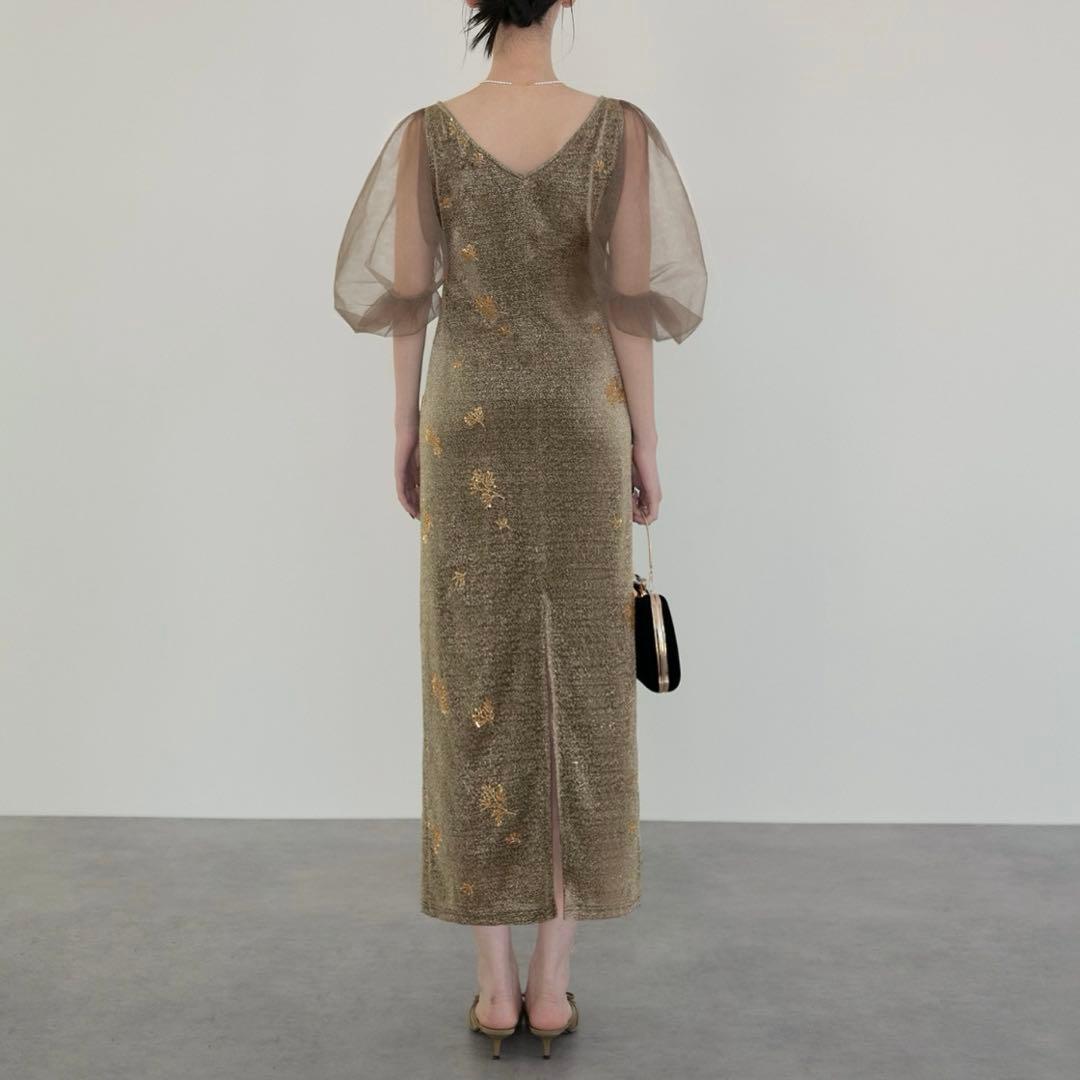 【LEJA】シアーパフスリーブグリッターIラインドレスワンピース