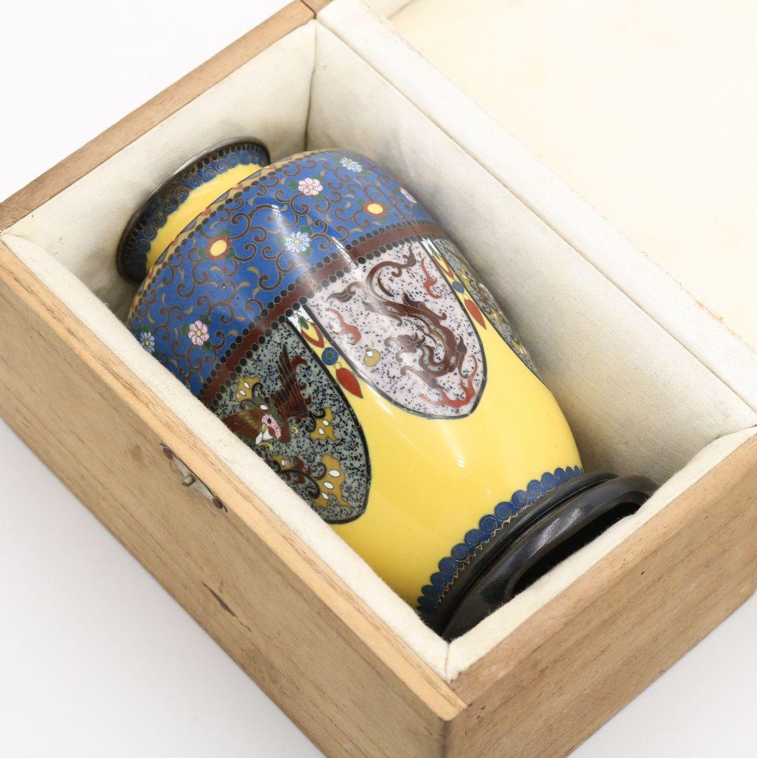 七宝焼 銀覆輪 唐草鳳凰龍図 花瓶 純銀刻印 唐木台座　V505　DC2