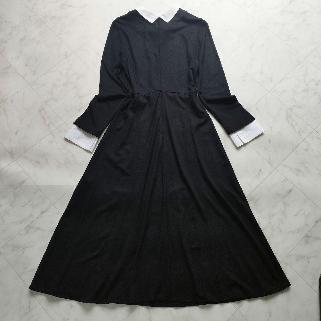 美品　ノーリーズ　38 白襟ロングワンピース　Aライン ストレッチ　黒