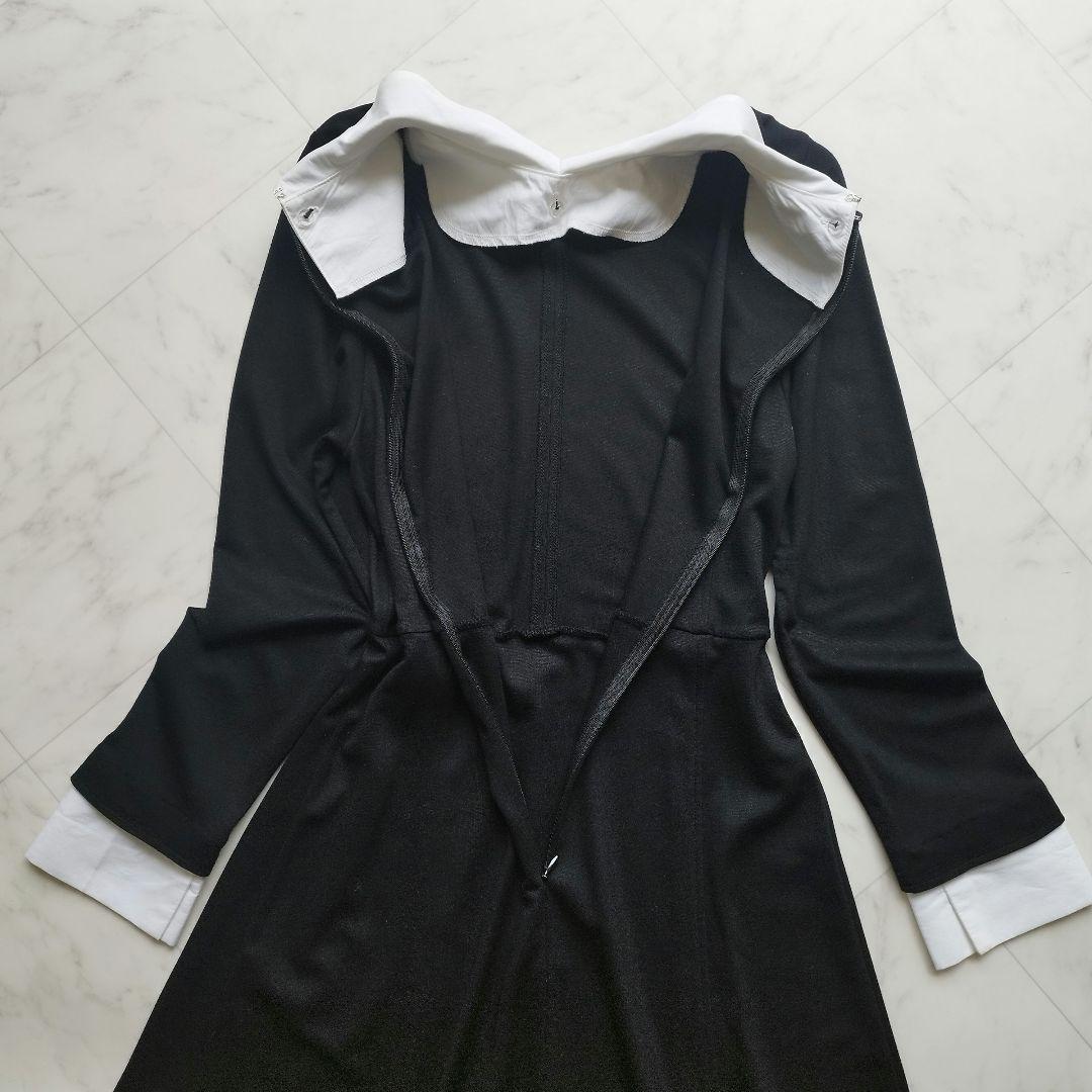 美品　ノーリーズ　38 白襟ロングワンピース　Aライン ストレッチ　黒