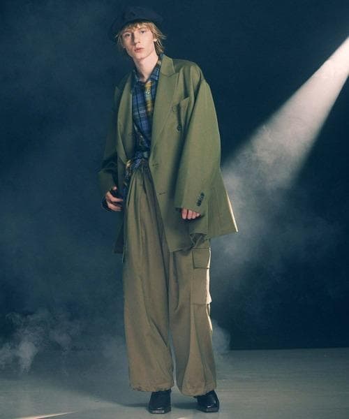 メゾンスペシャル ウールシャンブレーピークドラペルダブルテーラードジャケット