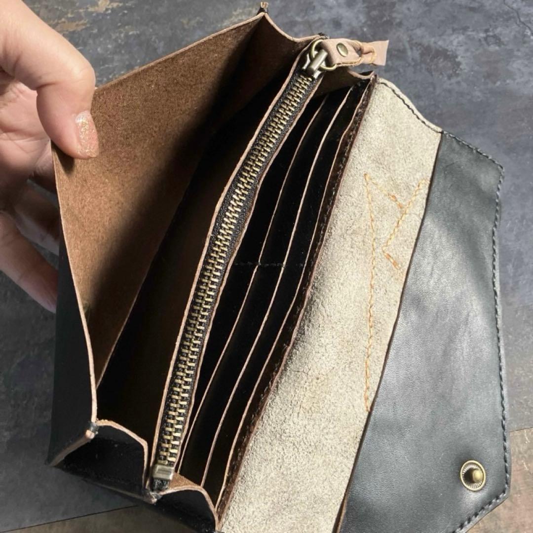 本革☆ハラコ長財布　ブラックヌメ革　革財布