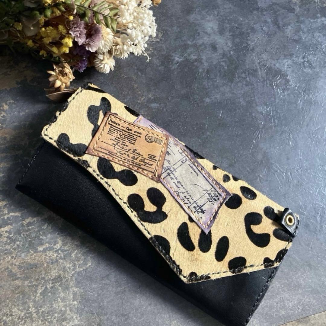 本革☆ハラコ長財布　ブラックヌメ革　革財布