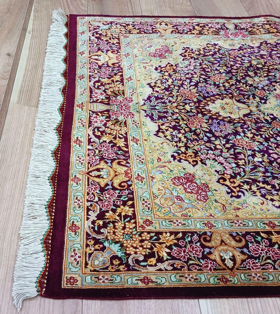 Y3257 高級ペルシャ絨毯 クム産 シラジ工房 シルク 手織り 工房サイン