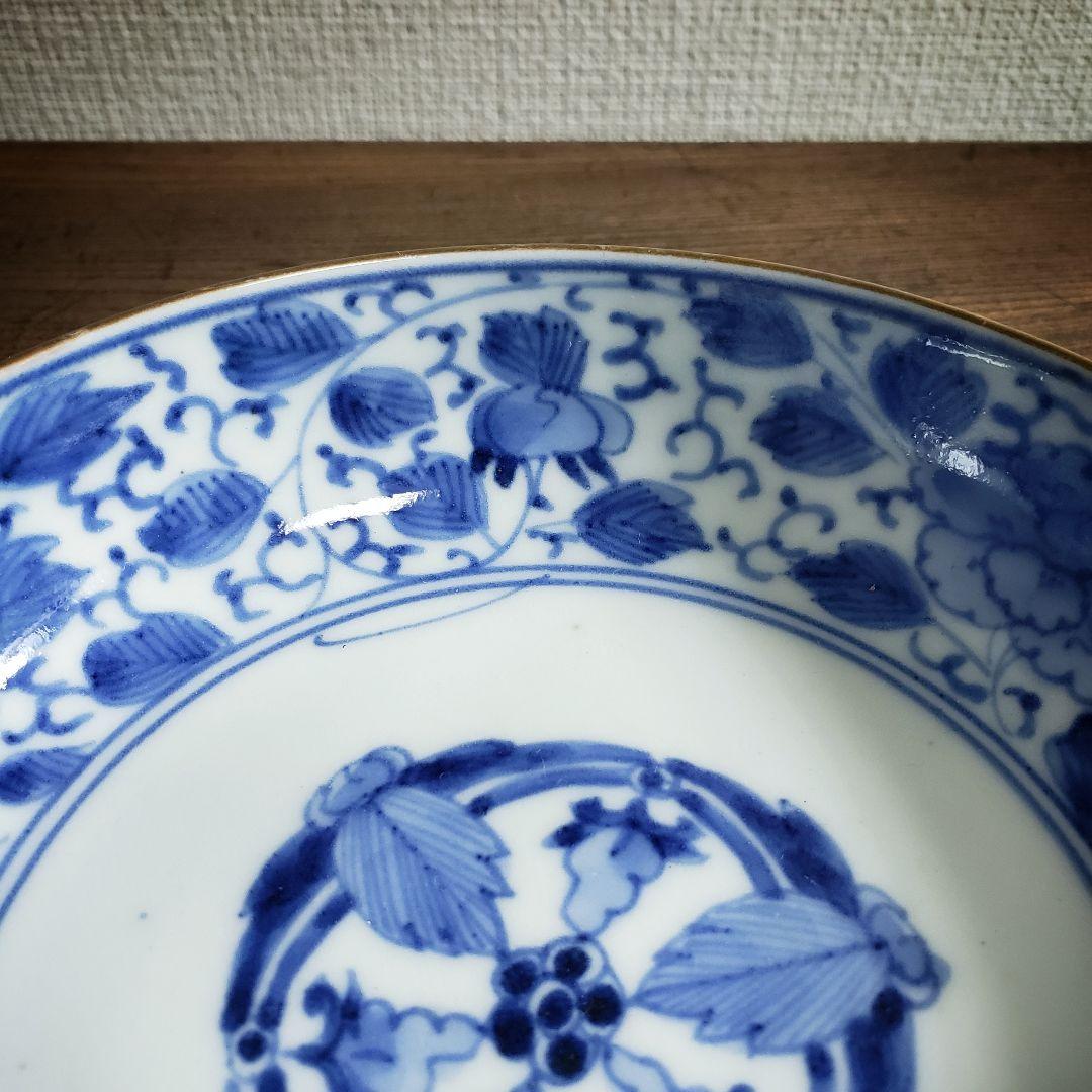 なます皿　古伊万里　染付　江戸　花唐草　五弁花　蛇の目　渦福　ロ号　訳あり