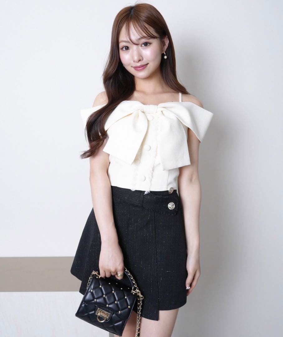 LIP SERVICE ツイードリボンオフショルトップス ホワイト