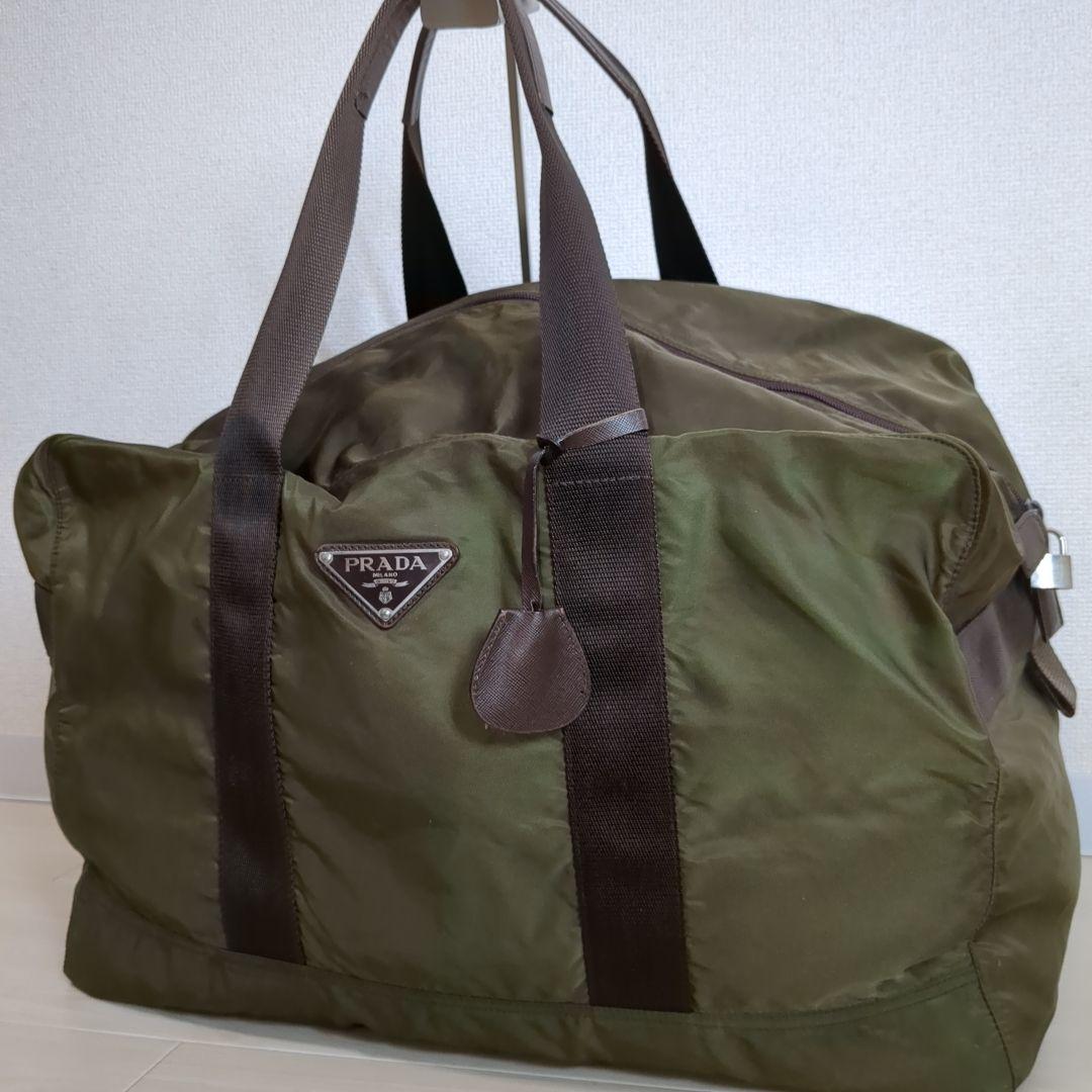 PRADA ボストンバッグ 三角ロゴ テスートナイロン カーキ 希少色 鍵付き