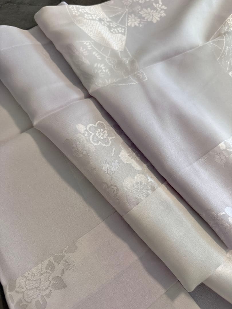 J51 新品正絹単衣長襦袢　無双袖　薄紫　半衿＆衣紋抜き付き　扇に花丸紋模様