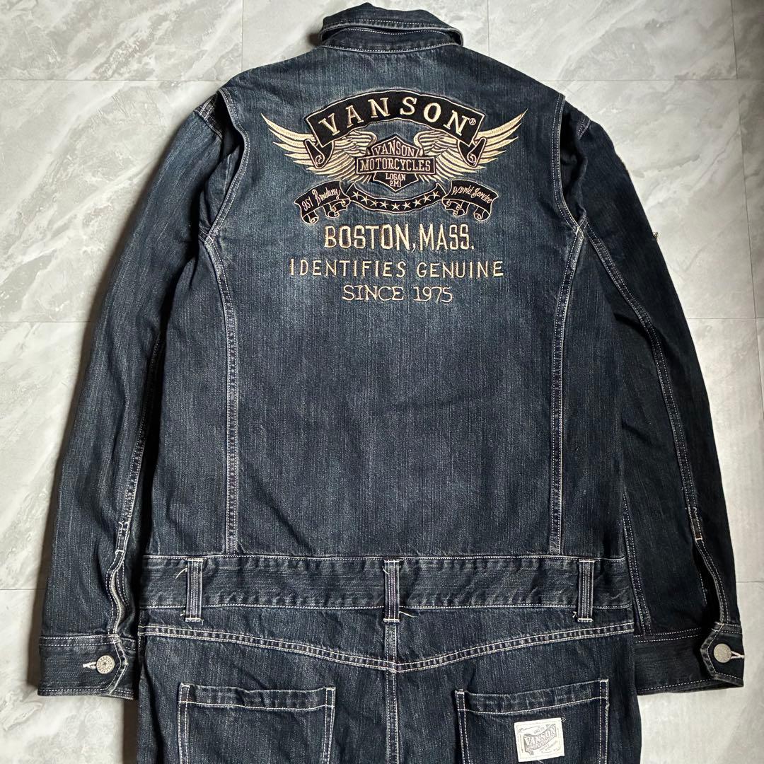 VANSON フライングエンブレム 刺繍 ダークデニム オールインワン バイカー