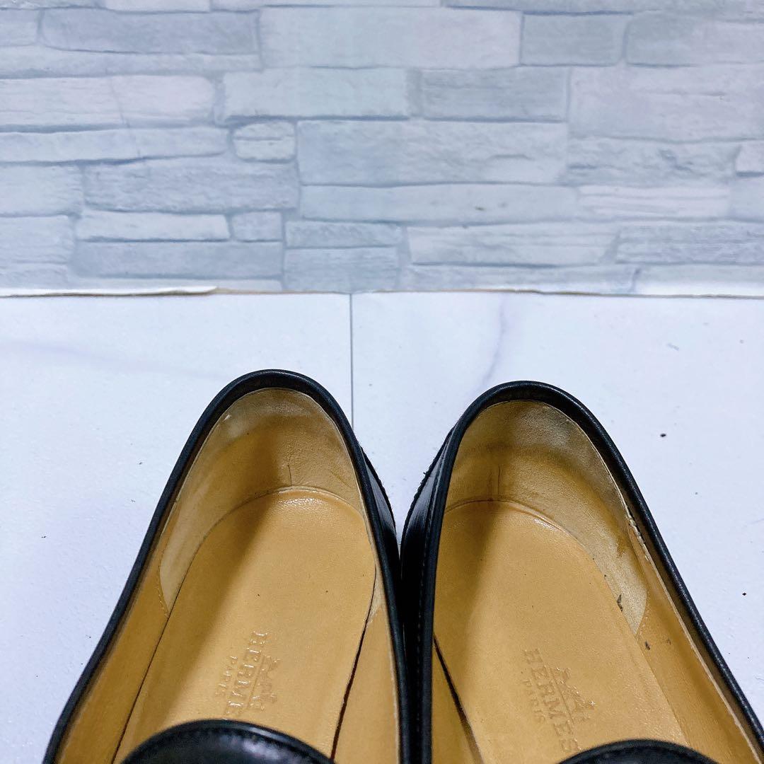高級 HERMES エルメス モカシンパリ ローファー 黒 シルバー 23.5