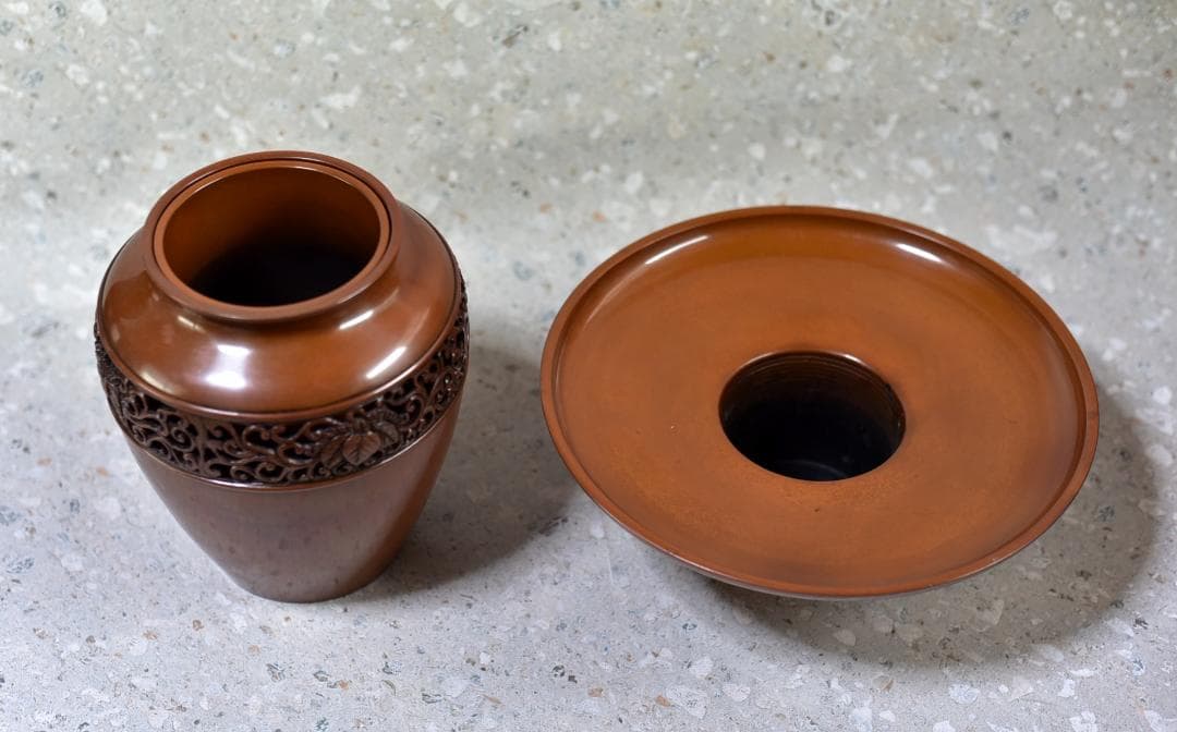 値下げ勝雲造　池坊、唐銅金属　薄葉田、花器　【極上品】花道　共箱