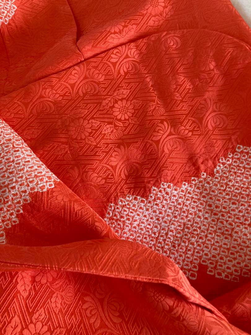 【振袖用長襦袢】美品 絞り 朱赤 袷 トールサイズ １３６ｃｍ＊裄６８