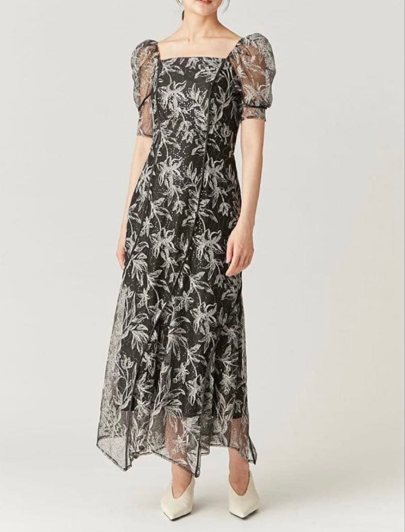 【美品】フラワー刺繍パフスリーブマキシドレス