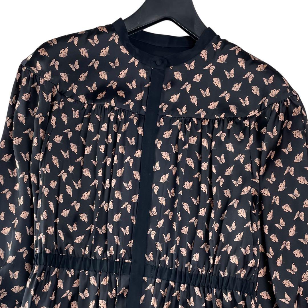 美品 パピヨンプリントバンドカラーワンピース 蝶バタフライ 38