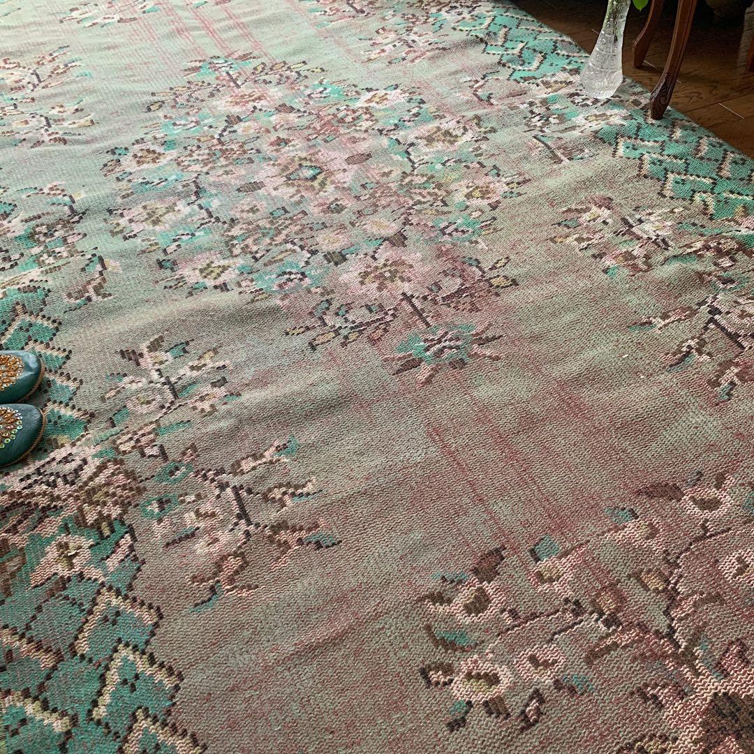 トルコヴィンテージラグ　超大判　オーバーダイ　253×143グリーン　トルコラグ