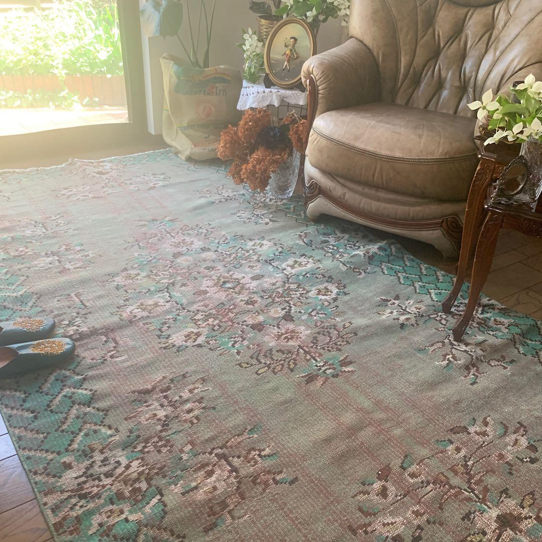 トルコヴィンテージラグ　超大判　オーバーダイ　253×143グリーン　トルコラグ