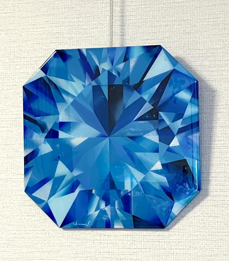 絵画　ハンドメイド　レジンコート　創作一点物　クールダウン　青色　八角形