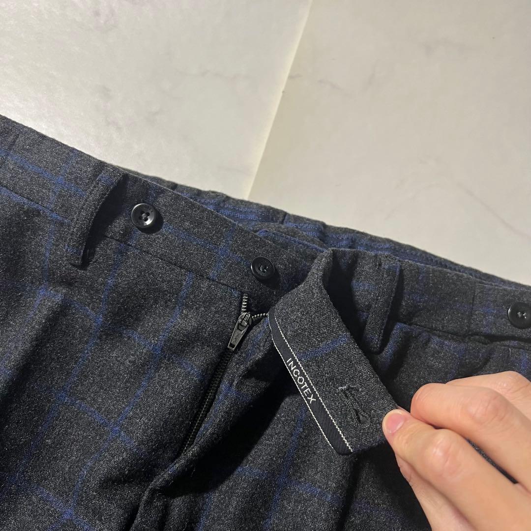 美品 インコテックス ウールスラックス パンツ チェック 48 L グレー系