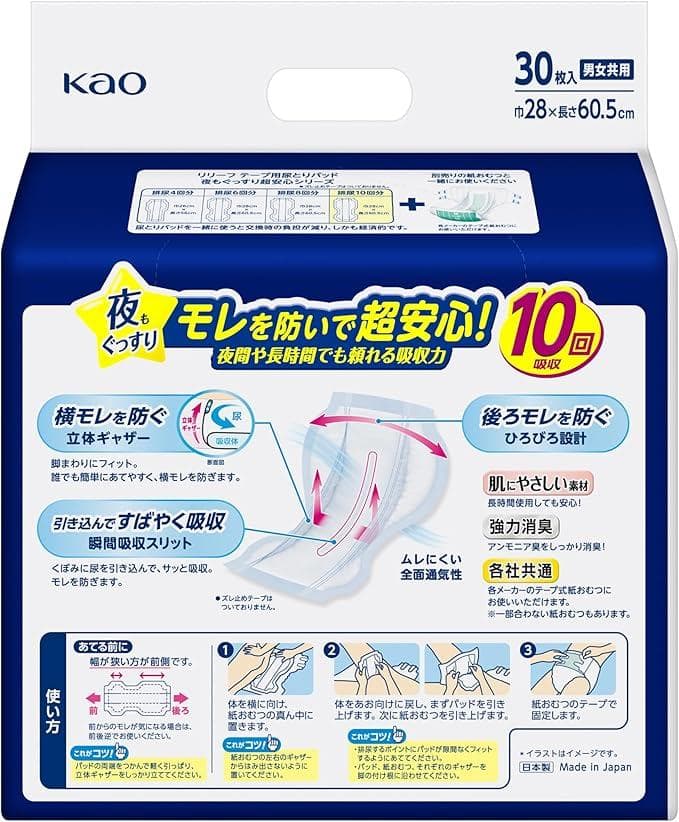リリーフ テープ式おむつ用パッド 超安心10回分 30枚　４パックまとめて