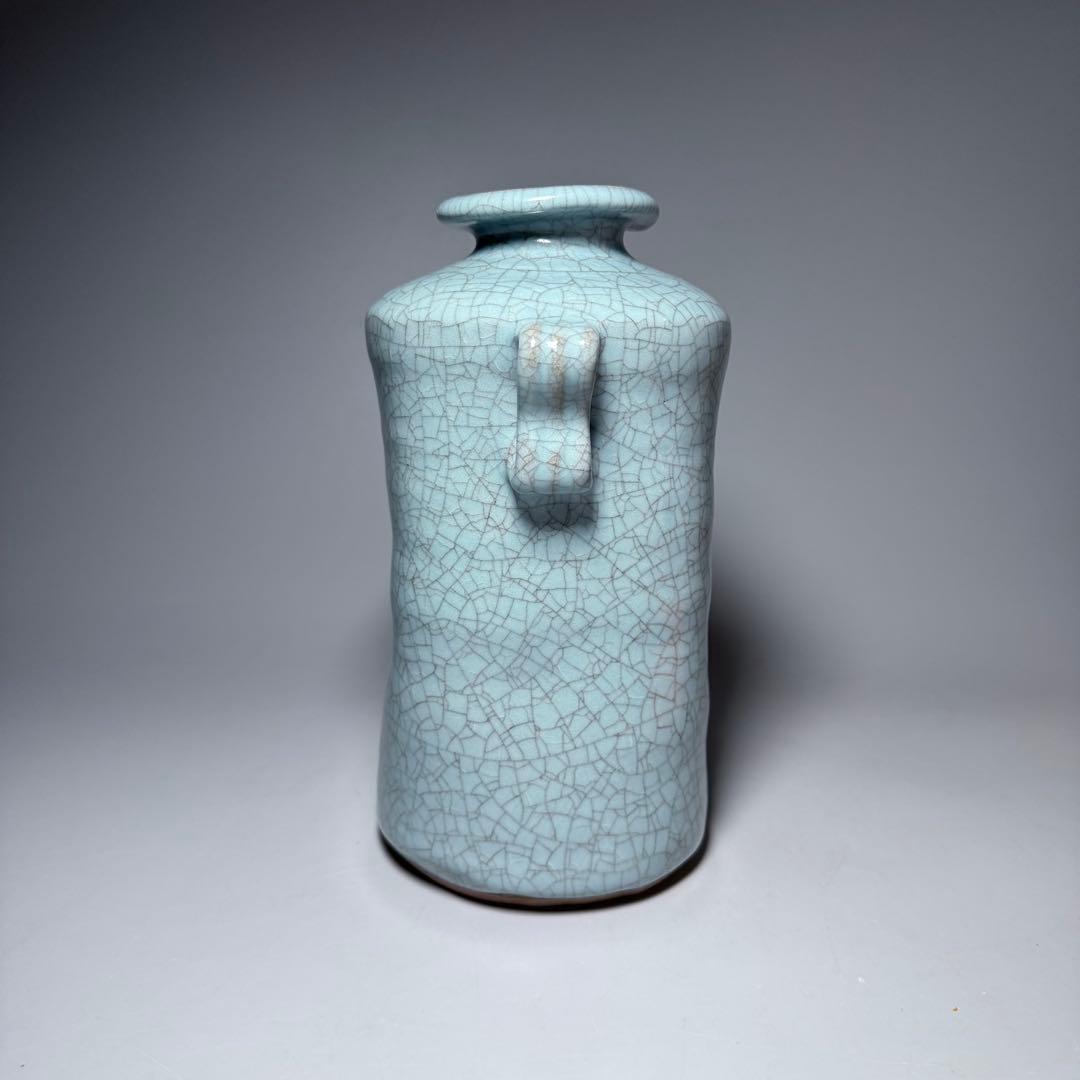 国重要無形文化財指定　中島宏　青磁耳付花生　高さ21cm　美しい貫入　共箱布　栞