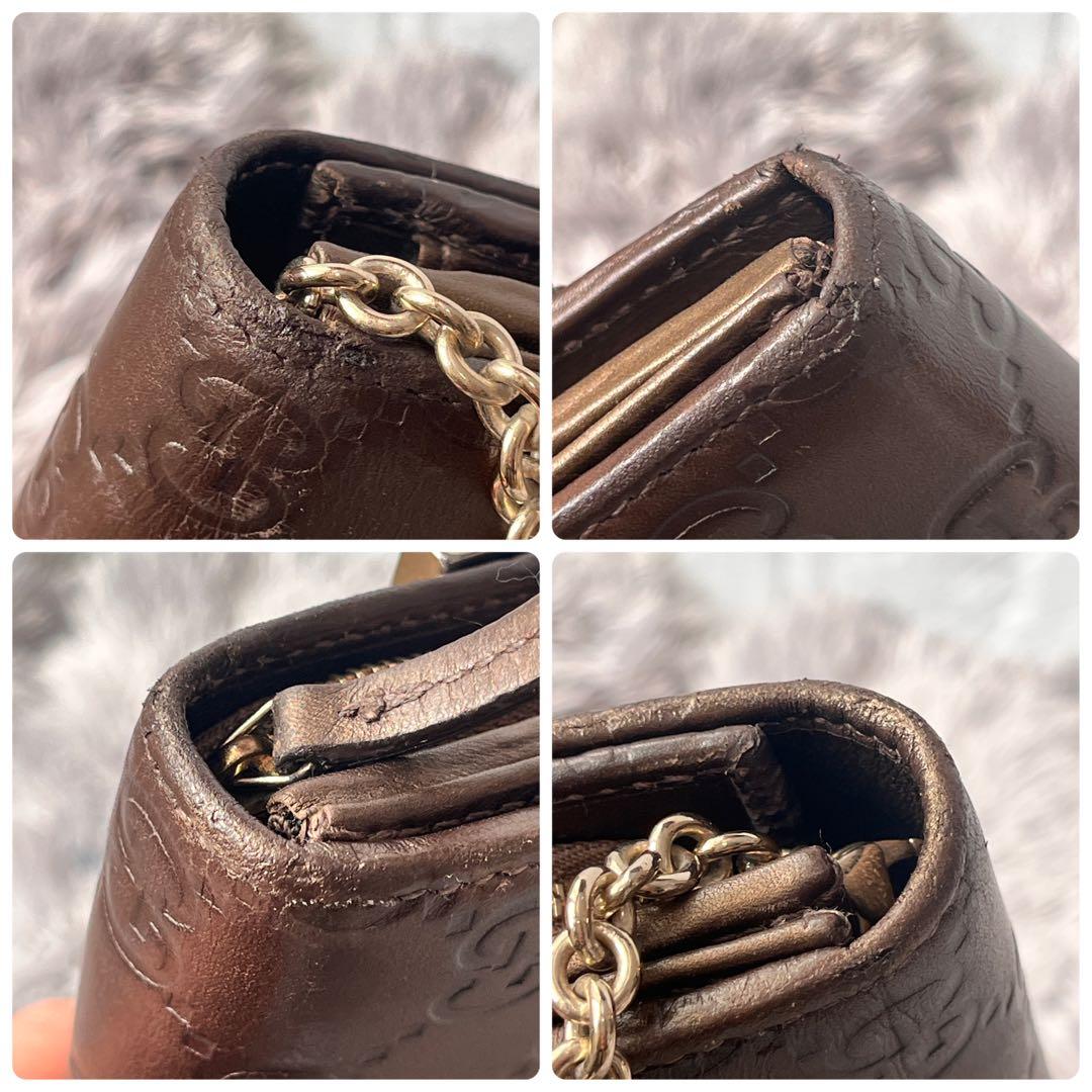 美品✨GUCCI チェーン　ウォレット　長財布　シマ　ロゴプレート　ブロンズ