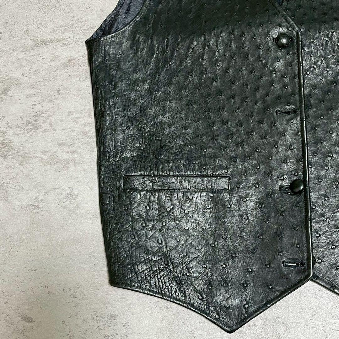 イタリア製 レザー ベスト オーストリッチ 型押し ブラック メンズ