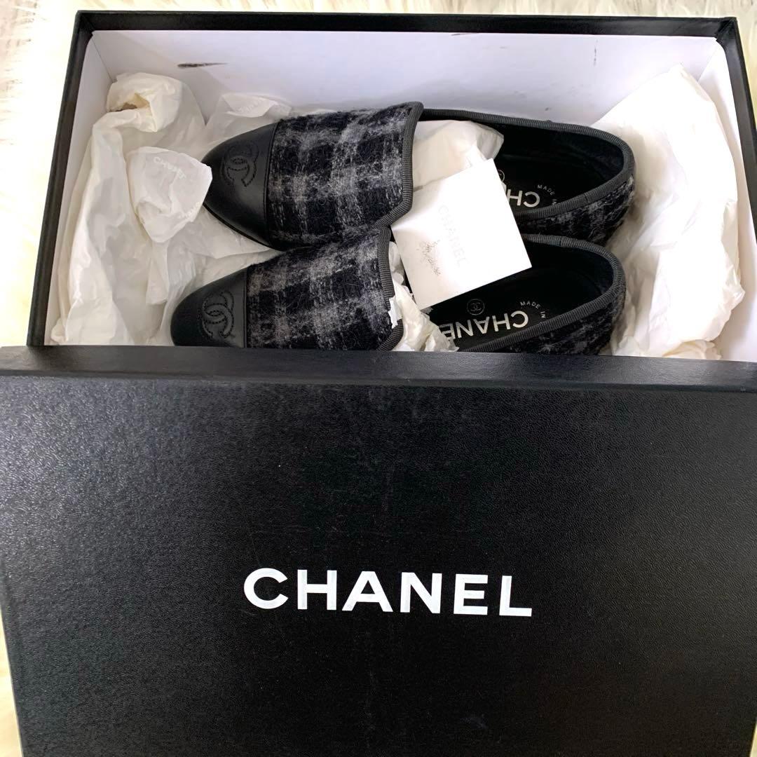 CHANEL チェック柄ツウィードパンプスフラットシューズ351/2 22.5
