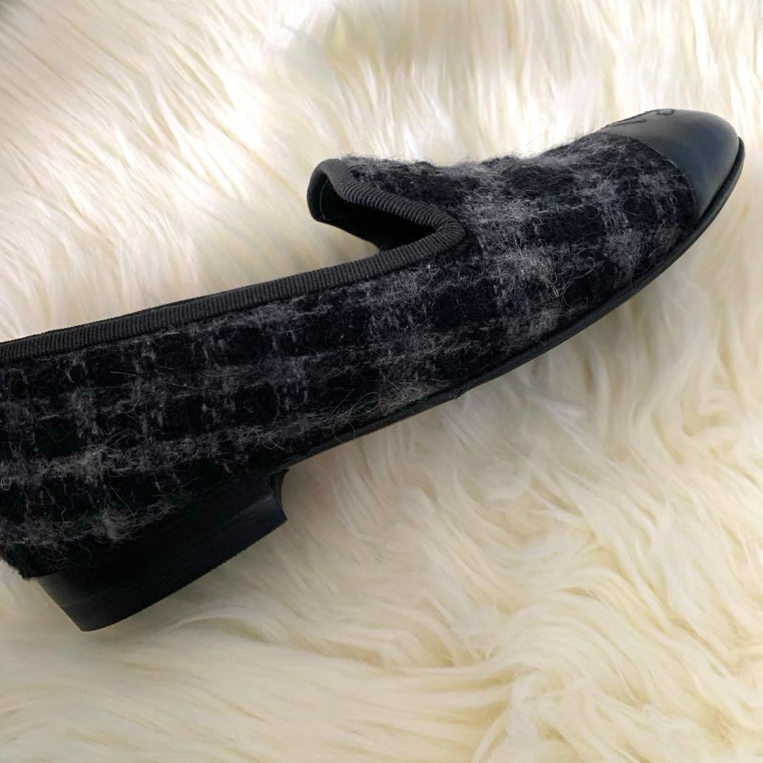 CHANEL チェック柄ツウィードパンプスフラットシューズ351/2 22.5