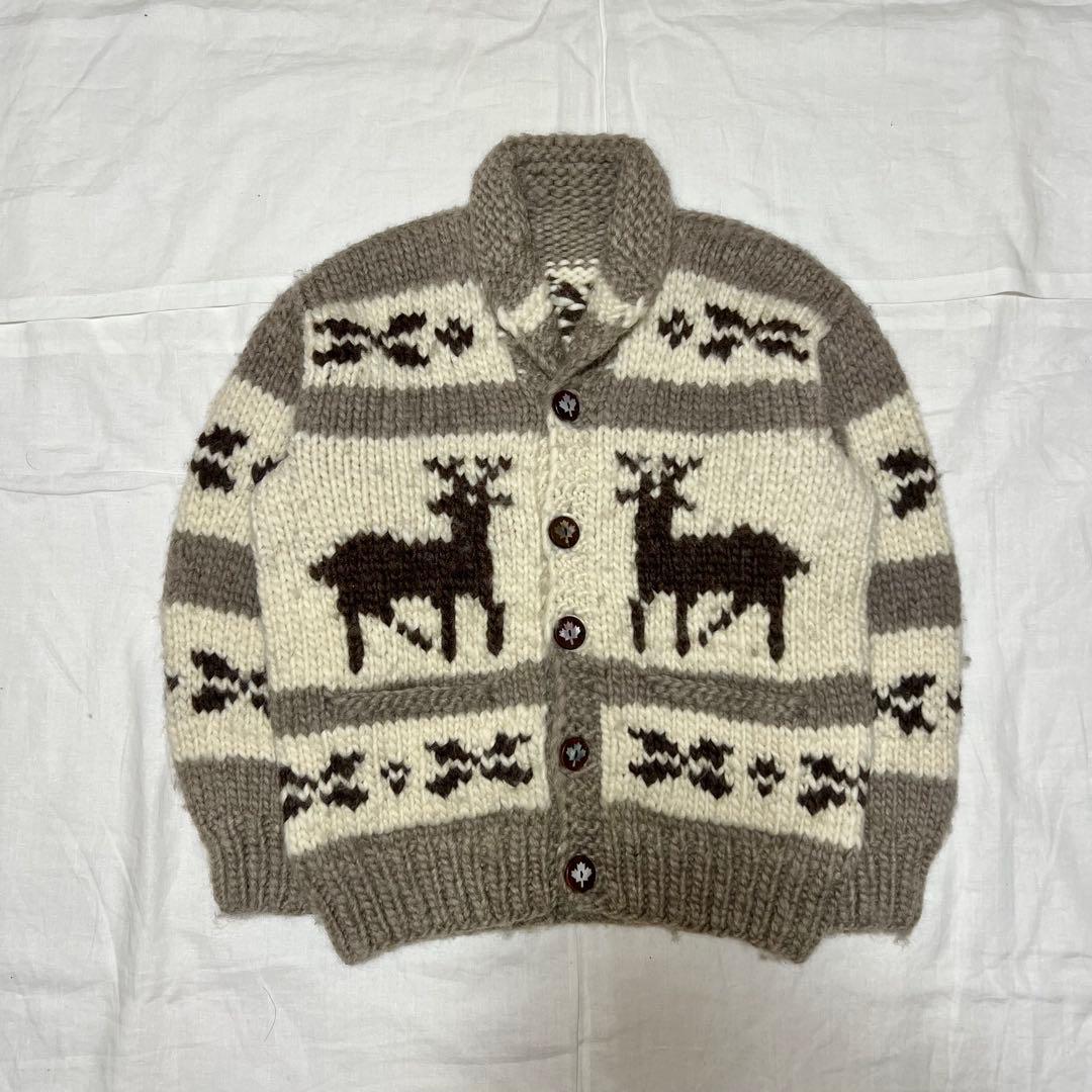 カナダ製 カウチンニット L相当 トナカイ柄 貝ボタン 手編み 肉厚 アメカジ