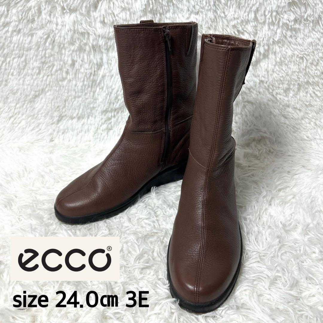 【新品・未使用級】ecco レザーシボ加工ブーツ ブラウン 24cm 3E