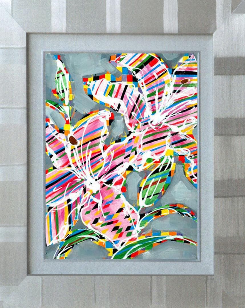 油絵 菅家令子 絵画インテリア 額付(青緑＋金色の枠) uF6-064204ゆり