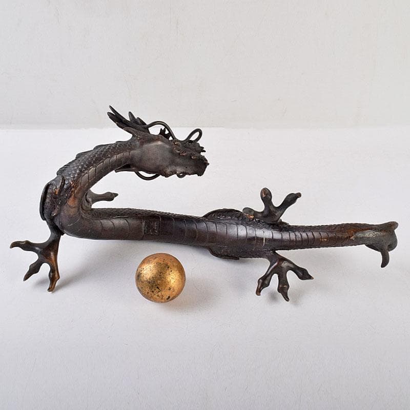 ヤマ　時代金工　古銅　輝銘　宝珠龍　置物　約3.9㎏　F　R9062B