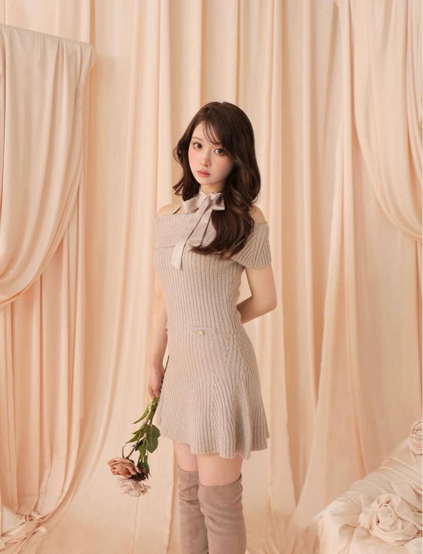 M me eme オフショルリボンラメニットワンピース（PNK）