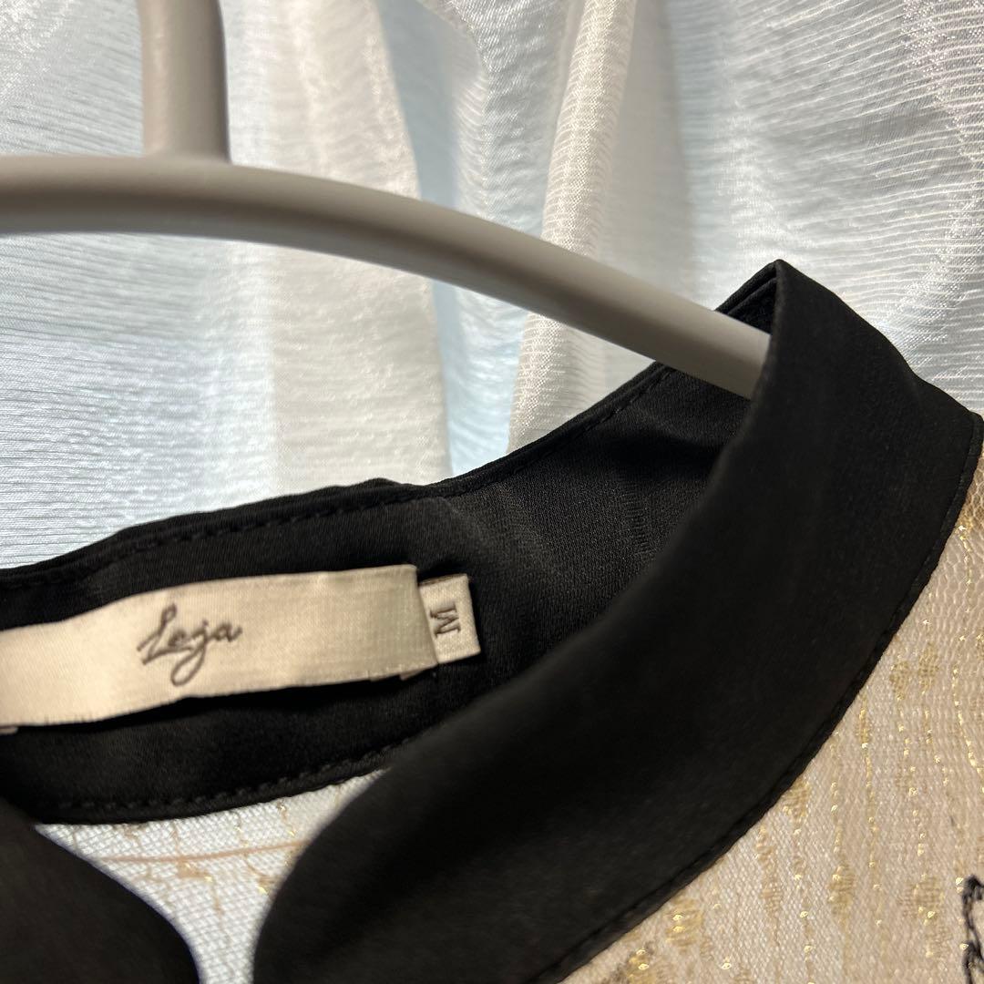 Leja配色パイピングプチハイネック花柄刺繍ラメレースロング丈ドレスワンピース