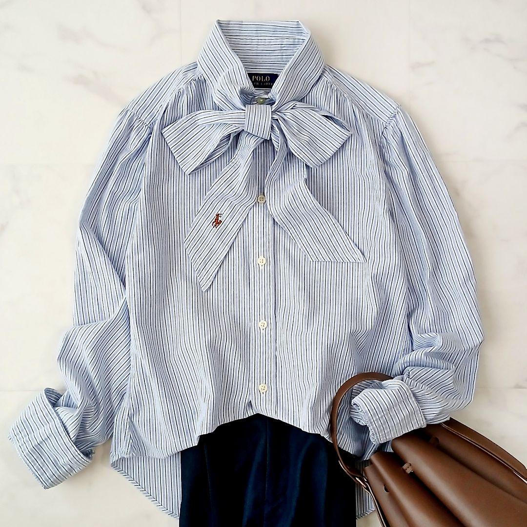美品 ポロラルフローレン 現行 ボウタイブラウス シャツ ストライプ ポニー刺繍