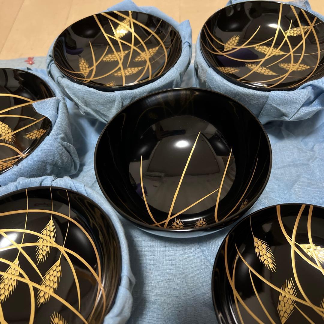 平安 象彦 黒漆塗り 稲穂 金蒔絵 5客セット蓋付き吸物椀 汁椀 木製漆塗