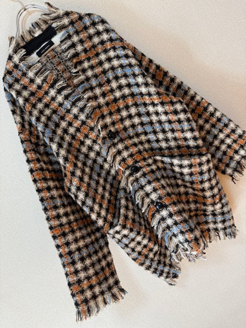 美品 イザベルマラン ミックスツイード ノーカラーコーディガン フリンジ