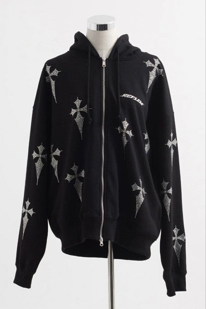 レフレムラインストーンクロス総柄長袖ジップアップパーカー
