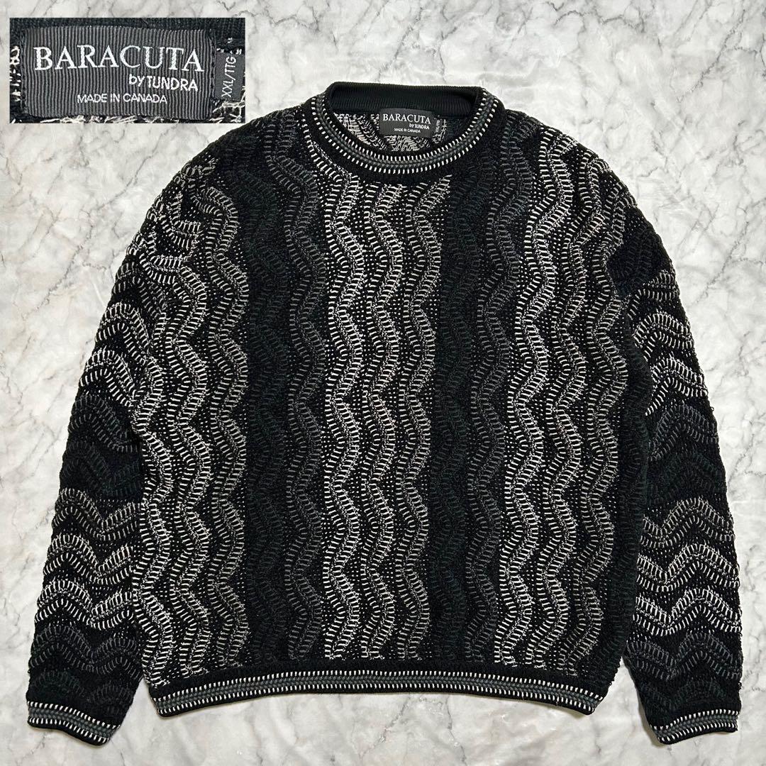 90s カナダ製 TUNDRA ヴィンテージ 3D 総柄 ニット 黒 ブラック