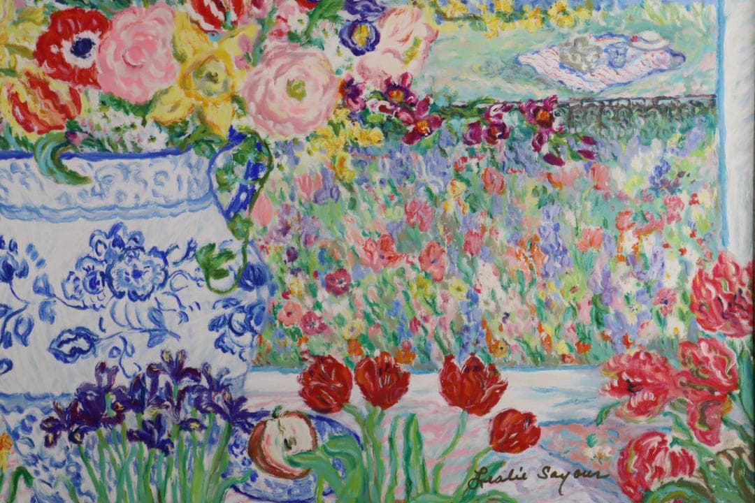 真作保証 レスリー・セイヤー「ガーデン」キャンバス油彩 20号 ジクレー 手彩色