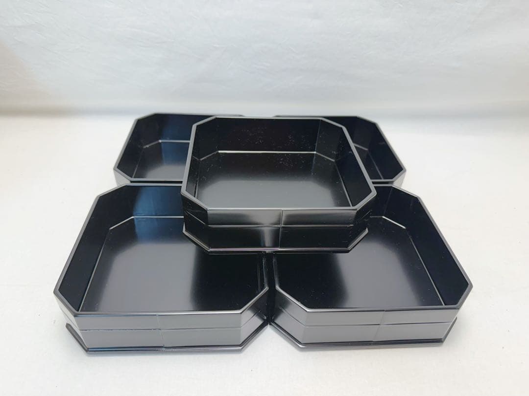 ほぼ未使用 茶道具 木製 黒真塗 五段縁高重 元箱