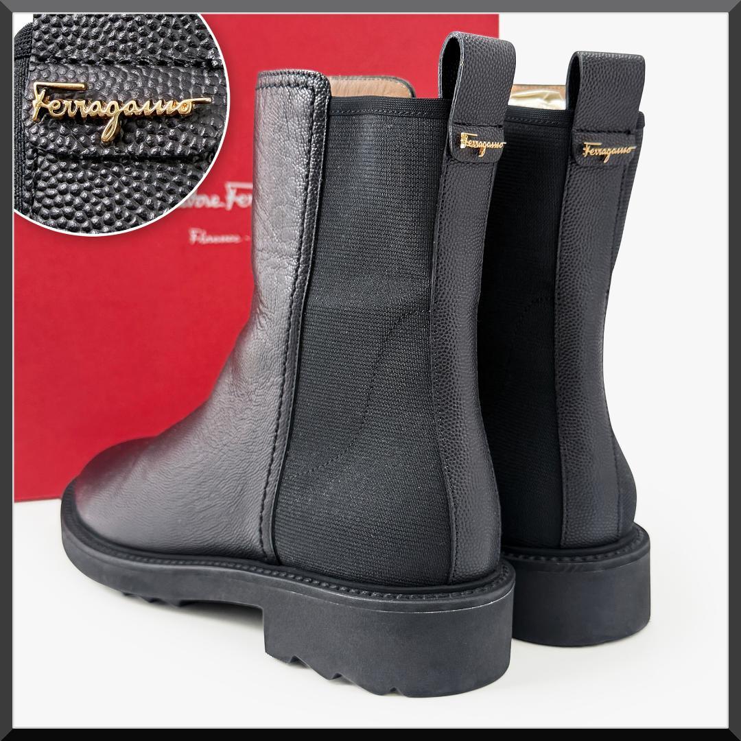 定価17万【極美品】フェラガモ サイドゴアブーツ　背面ロゴ ロゴ金具 23㎝ 黒